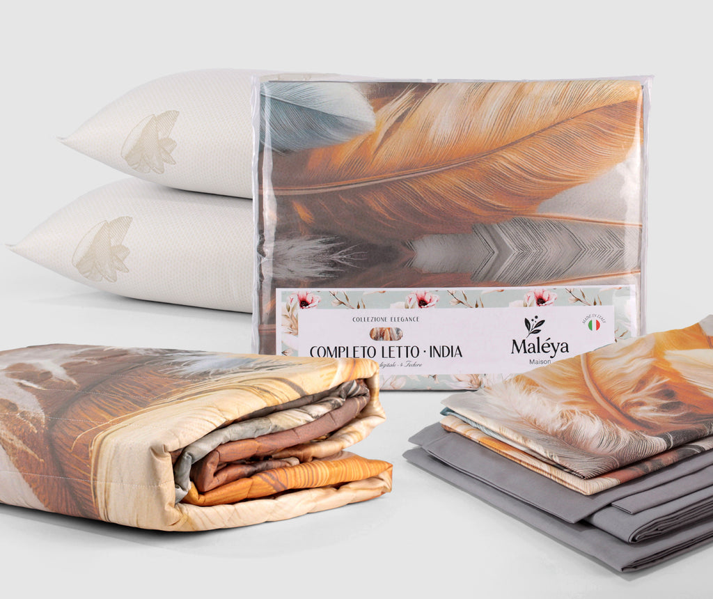 Set INDIA matrimoniale nelle varianti tortora moka e grigio, con completo letto, trapuntino coordinato e due guanciali ARGANA con olio di Argan.