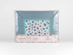 Completo letto DRIMIA PARTY con fantasia geometrica azzurra, verde acqua e grigia. Disponibile in diverse taglie.