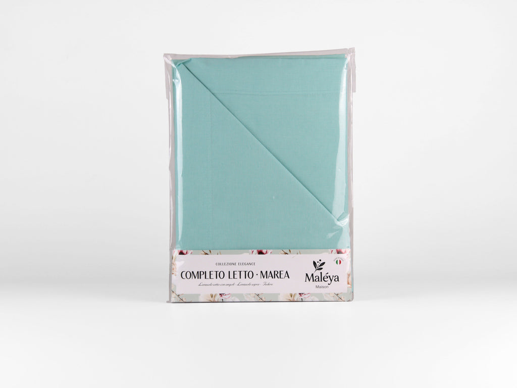 Completo letto singolo MAREA a tinta unita verde chiaro con lenzuolo sopra, sotto con angoli e federa coordinata.
