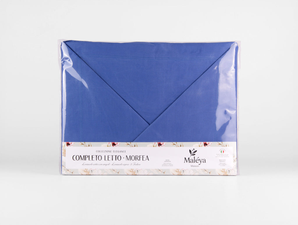 Completo letto matrimoniale MORFEA con lenzuolo sopra, lenzuolo sotto con angoli e due federe.