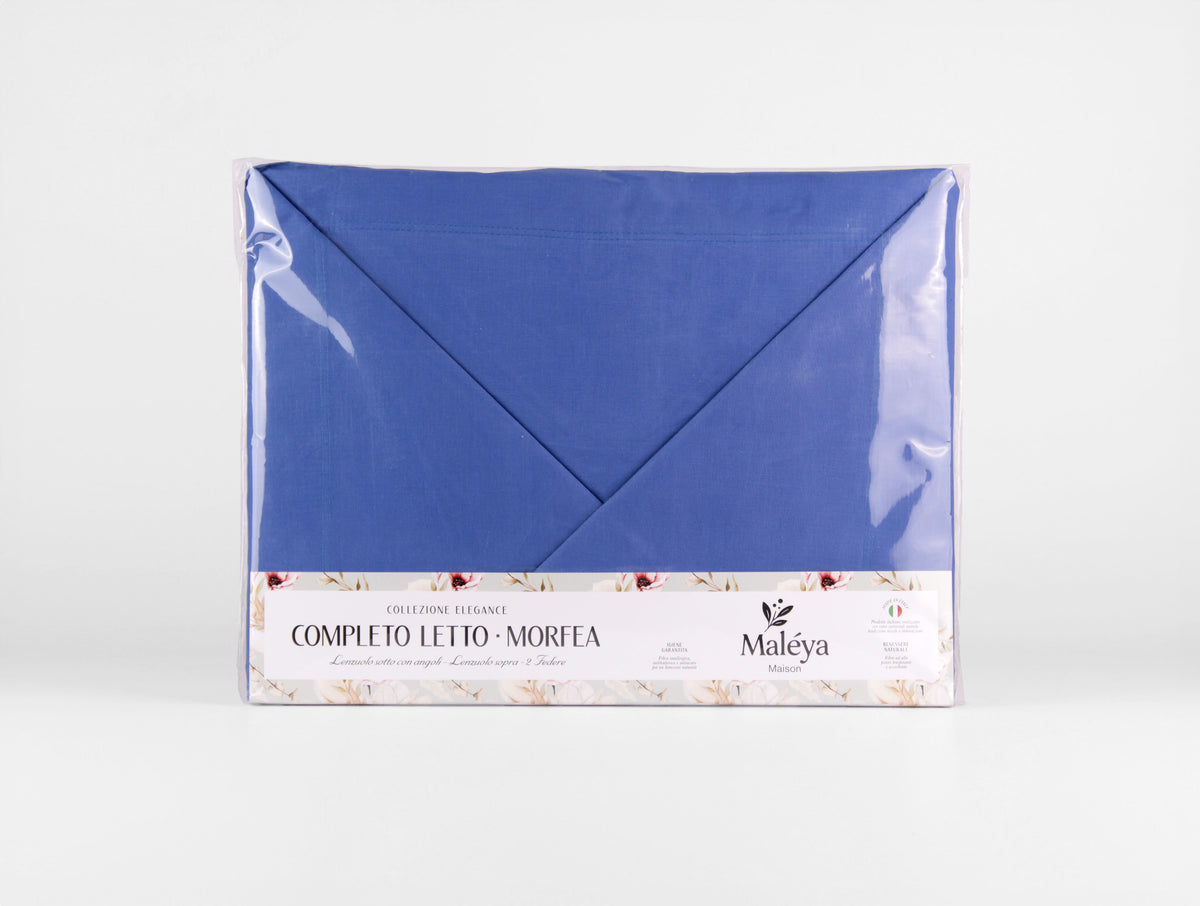 Completo letto matrimoniale MORFEA con lenzuolo sopra, lenzuolo sotto con angoli e due federe.