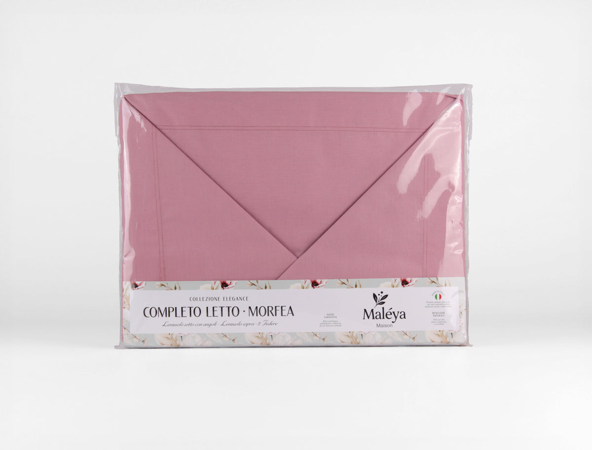 Completo letto matrimoniale MORFEA con lenzuolo sopra, lenzuolo sotto con angoli e due federe.