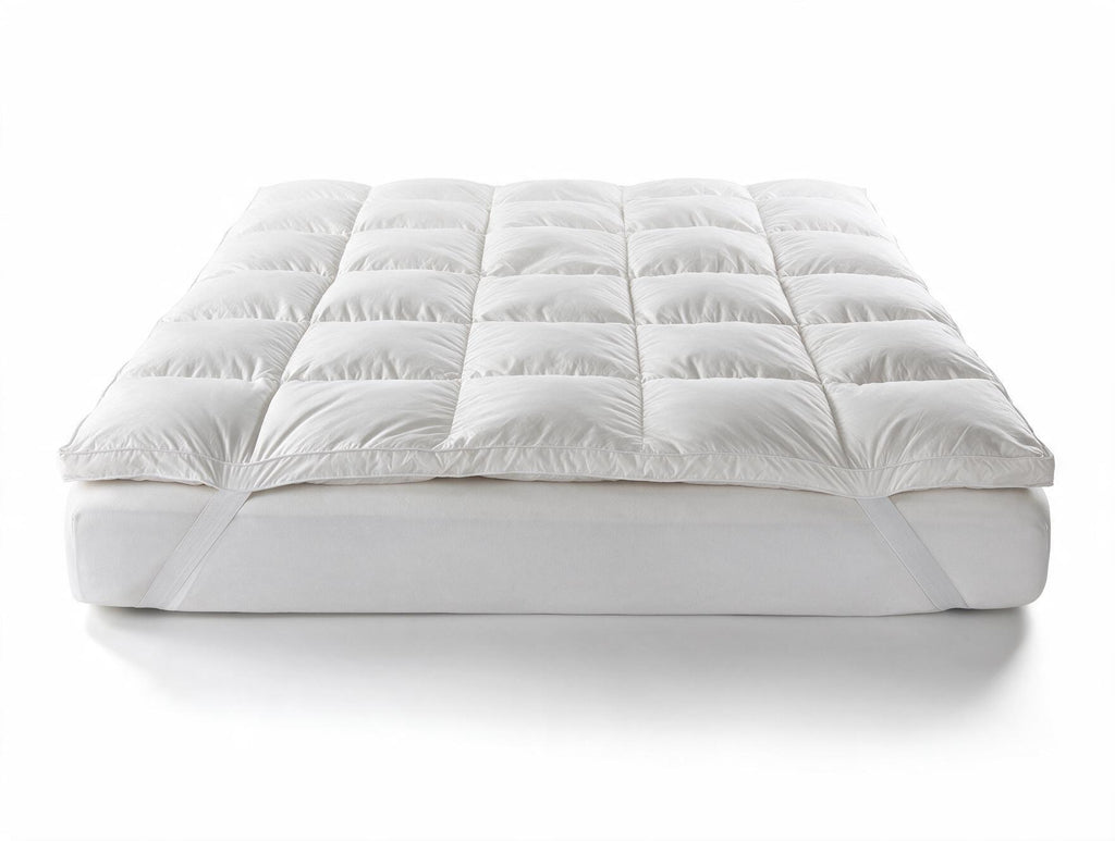 Topper matrimoniale NIVES bianco da 170 × 200 cm con imbottitura in vera piuma d’oca.